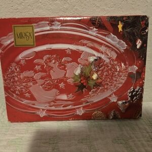Vintage 1980's Mikasa Holiday Lights Crystal Oval Platter. 9.25".